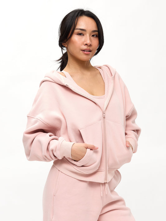 Plush Fleece Zip Hoodie - Strawberry Milk